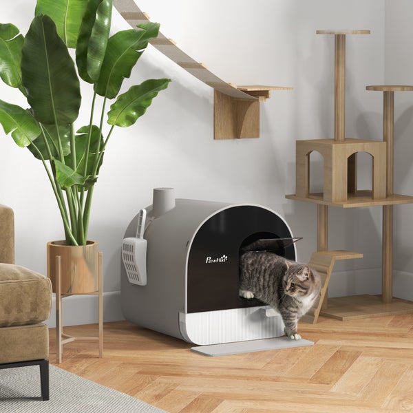 PawHut Katzentoilette mit Deckel, Katzenklo inkl. Schaufel und Streu-Matte, Ausziehbares Tablett, Katzenklo für Katzen bis 5 kg, Grau, 43 x 44 x 47 cm