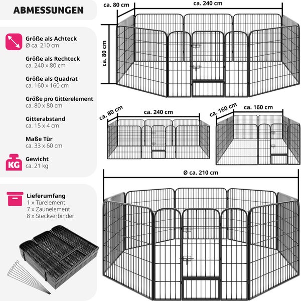 Welpenauslauf tectake Lisa Bodenverankerung möglich 8-teilig, faltbar grau