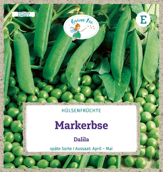Samenpackung für Markerbse Dalila, späte Sorte, Abbildung von Erbsenschoten und Erbsen, Aussaat von April bis Mai, Grüne Fee Logo.