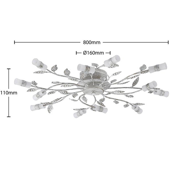 Deckenleuchte floral verzweigt, 12 Flammen, mattierte Gläser. Breite 800 Millimeter, Höhe 110 Millimeter, Basis Durchmesser 160 Millimeter.