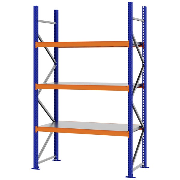 Schwerlastregal mit blauem Rahmen, orangen Traversen und drei Metallebenen für Lager und Werkstatt.
