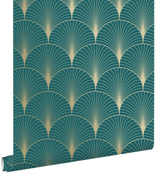 ESTAhome Tapete Art Decó Muster Petrolblau und Gold - 53 cm x 10.05 m - 139230