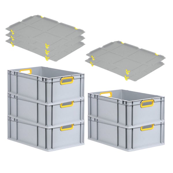 PROREGAL Spar Set 5x Eurobox Nextgen Color Mit Auflagedeckel & Schiebeschnappverschlüsse HxBxT 22 x 40 x 60 cm Griffe Gelb Offen Verstärkter Boden