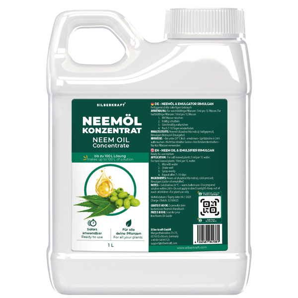 Silberkraft Neemöl Konzentrat 1 Liter Flasche als Pflanzenpflegemittel für alle Pflanzen zur Schädlingsbekämpfung.