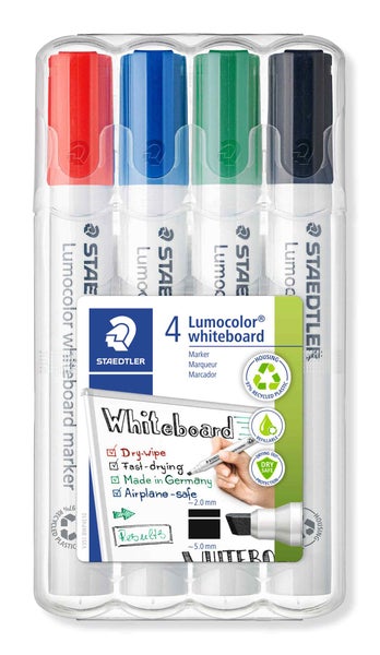 Staedtler Lumocolor Whiteboard-Marker Set mit 4 Farben, Keilspitze, Gehäuse aus 97 Prozent recyceltem Kunststoff, trocken abwischbar.