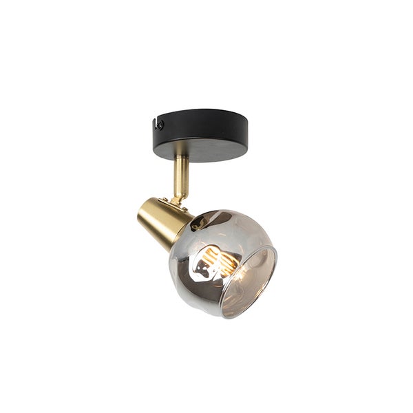 Wand- und Deckenstrahler mit schwarzer Basis, Messing-Halterung und kugelförmigem Schirm aus Rauchglas inklusive Filament-Leuchtmittel.
