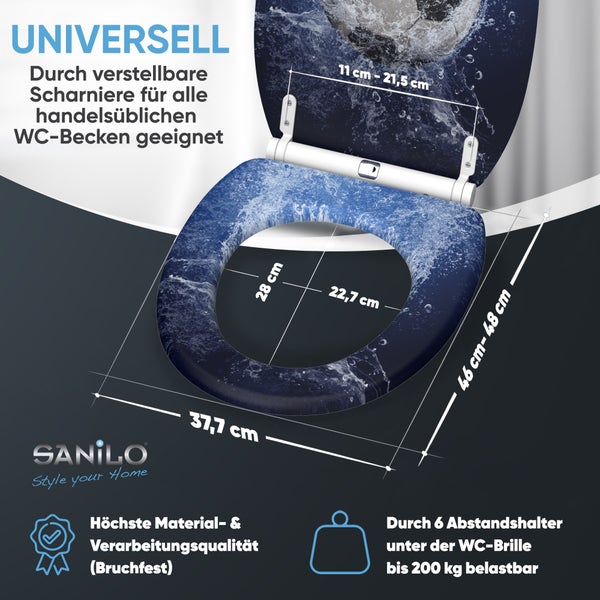 Sanilo WC Sitz mit Fußball Motiv und Wasser Effekt, inklusive verstellbarer Scharniere für handelsübliche WC Becken, bruchfest und belastbar.