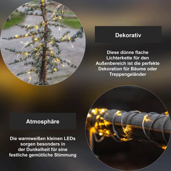 Lichterkette mit warmweißen LEDs zur Dekoration von Bäumen oder Treppengeländern im Außenbereich.