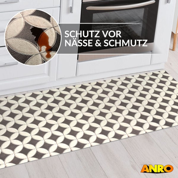 Pflegeleichter Küchenläufer mit geometrischem Kreismuster vor einer Küchenzeile. Detailansicht zeigt Schutz vor Nässe und Schmutz. ANRO Logo.