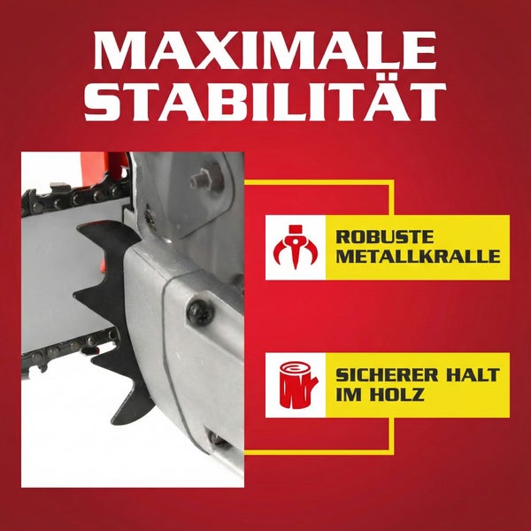 Nahaufnahme Kettensäge mit Fokus auf robuste Metallkralle für sicheren Halt im Holz und maximale Stabilität.
