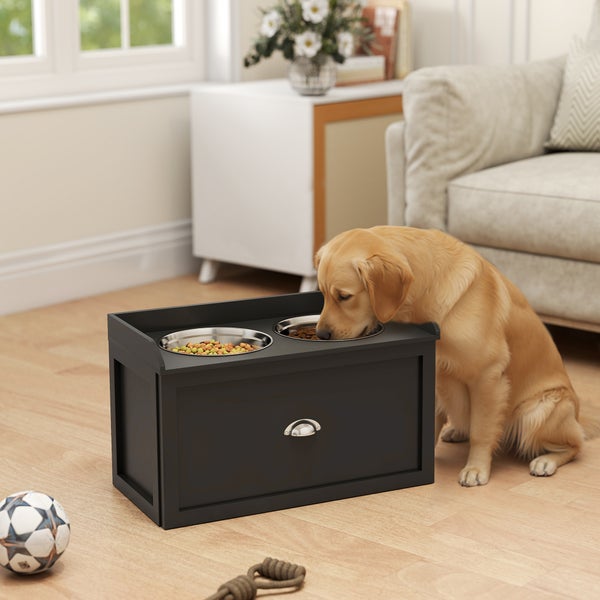Schwarze erhöhte Futterstation für Hunde mit zwei Edelstahlschüsseln und Aufbewahrungsschublade in einem hellen Wohnzimmer.
