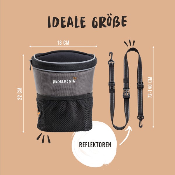 Rudelkoenig Leckerlibeutel mit reflektierenden Details und verstellbarem Gurt, Abmessungen dargestellt.