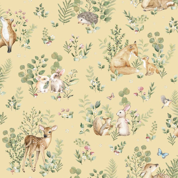 Muster mit Waldtieren wie Fuchs, Reh, Hase, Igel und Eichhörnchen sowie Farnen und Blumen in Aquarell-Optik.