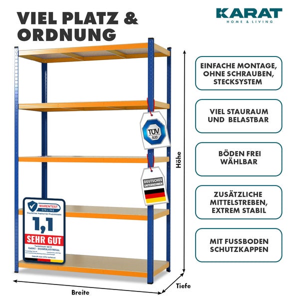 FLOORDIREKT Schwerlastregal - Universal einsetzbar - Blau-Orange - 180 x 90 x 45 cm - Traglast 875 kg