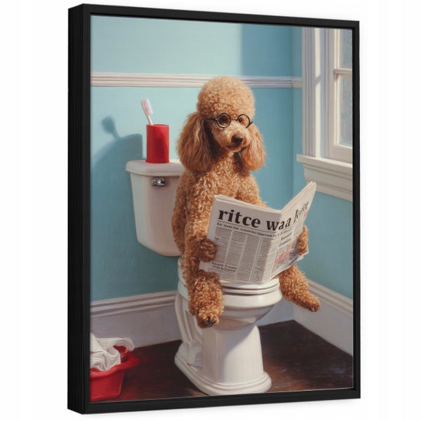 Wandbild mit einem Pudel mit Brille, der auf einer Toilette sitzt und eine Zeitung liest, in einem schwarzen Rahmen.