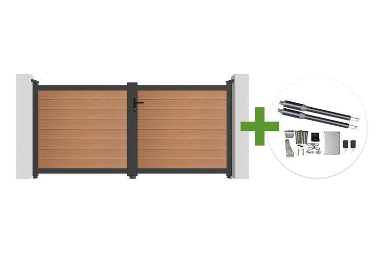 Zweiflügeliges Einfahrtstor mit horizontalen Lamellen in Holzoptik und Metallrahmen, inklusive elektrischem Torantrieb-Set mit Motoren.