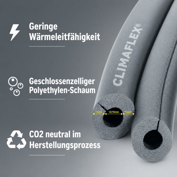 Climaflex Rohrisolierung aus Polyethylen Schaum mit geringer Wärmeleitfähigkeit und CO2 neutraler Herstellung.