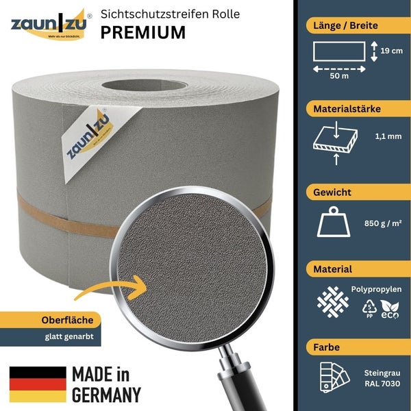 Zaun zu Premium Sichtschutzstreifen Rolle aus Polypropylen, 50 Meter Länge, 19 Zentimeter Breite, 1,1 Millimeter Materialstärke, 850 Gramm pro Quadratmeter Gewicht, Farbe Steingrau RAL 7030, Made in Germany