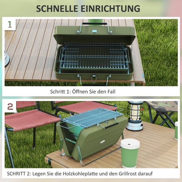 Outsunny Holzhohlgrill Tischgrill, Tischholzgrill mit Kohleschale, 47 x 30 x 28 cm, Edelstahl, Grün