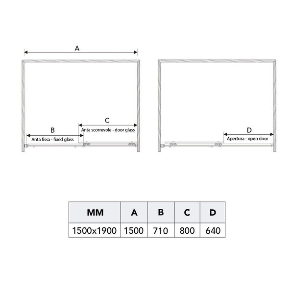 Technische Zeichnung einer Duschkabine mit Maßangaben
