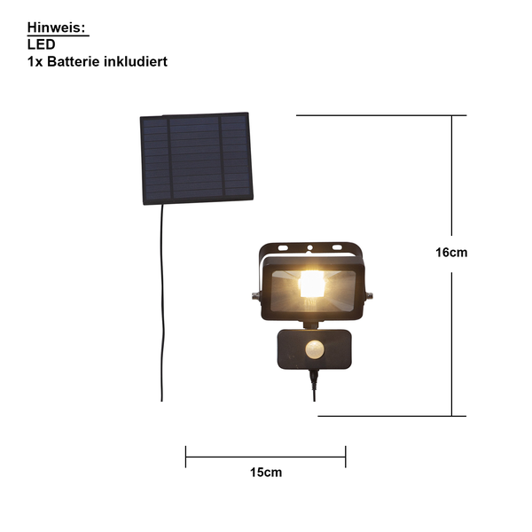 LED-Solarleuchte mit Bewegungsmelder und Abmessungen