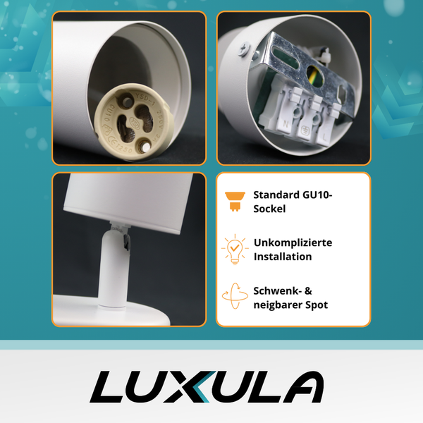 Details der LUXULA Leuchte: GU10 Fassung, einfache Installation, schwenkbarer Spot