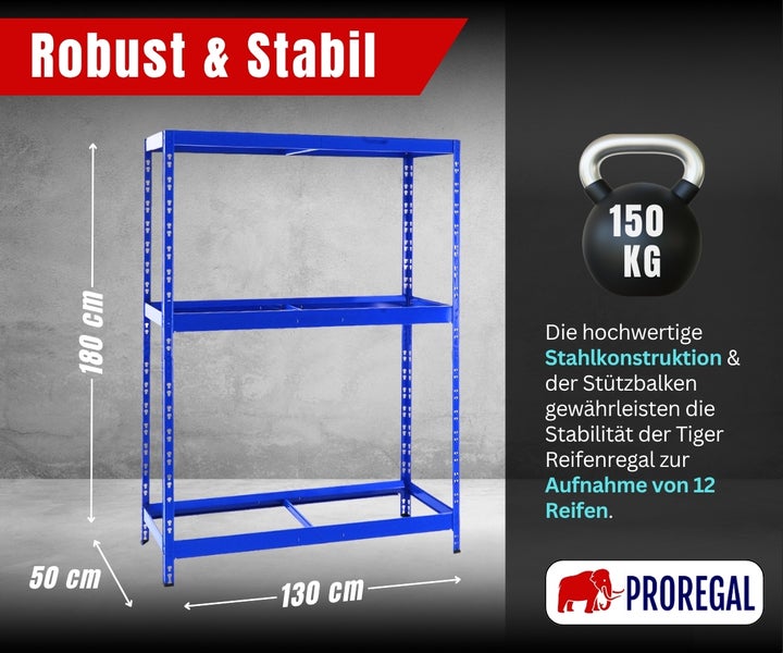 Blaues ProRegal Reifenregal Tiger aus Stahl für 12 Reifen, Maße 180 mal 130 mal 50 Zentimeter, Traglast 150 Kilogramm. ProRegal Logo.