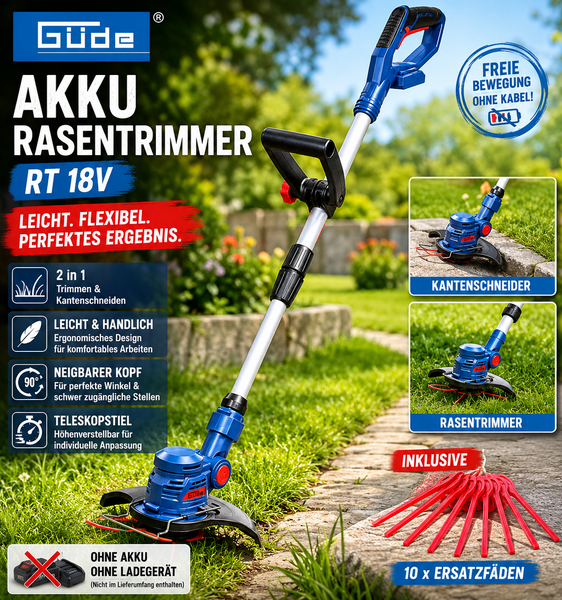 Güde Akku-Rasentrimmer RT 18V mit Teleskopstiel, neigbarem Kopf und 10 Ersatzmessern in einem Garten. Ohne Akku und Ladegerät.