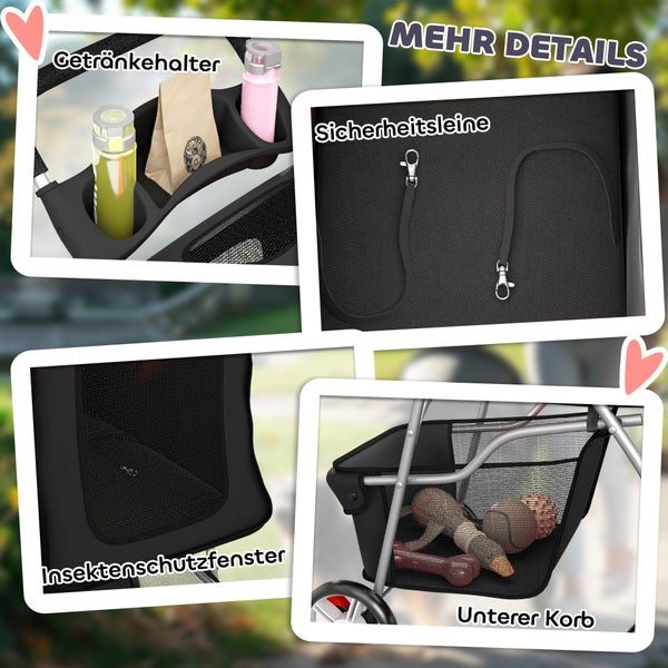Details eines Haustierbuggys mit Getränkehalter, Sicherheitsleinen, Insektenschutzfenster und einem unteren Korb.