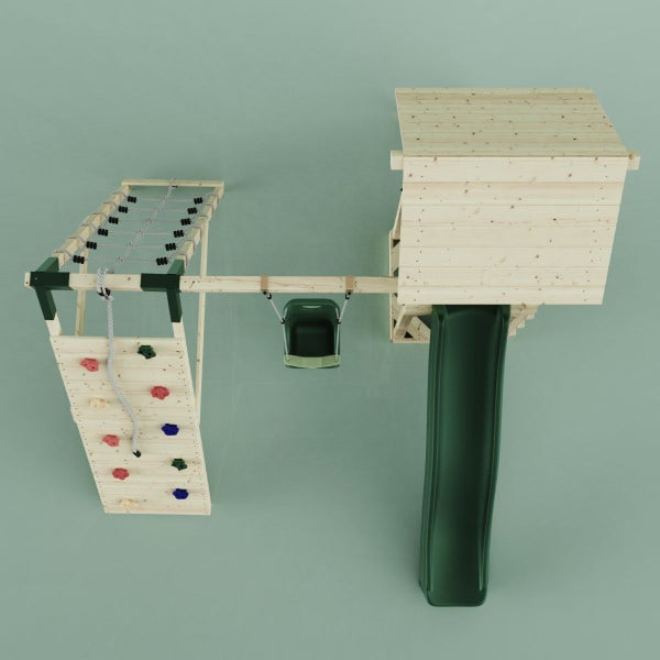 Spielturm mit Rutsche, Kletterwand, Schaukel und Kletternetz für den Garten