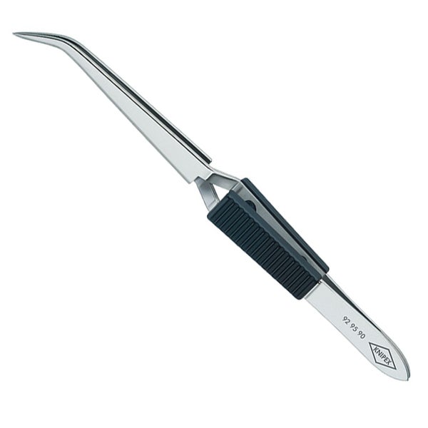 Knipex Kreuzpinzette 92 95 90 aus Edelstahl mit gebogener Spitze und geriffelten Kunststoffgriffen.