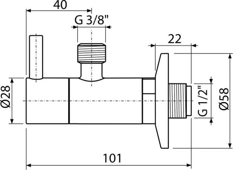 Technische Zeichnung eines Eckventils mit Maßen in Millimetern: Gesamtlänge 101, Anschlüsse G 1/2 Zoll und G 3/8 Zoll, Durchmesser Rosette 58.
