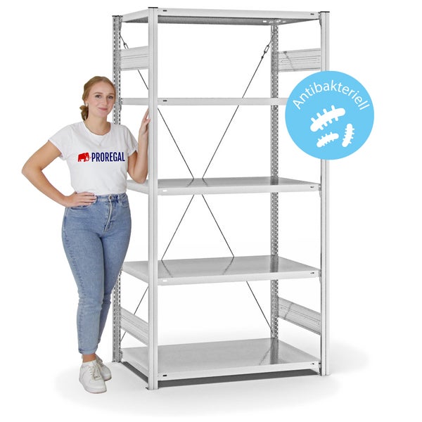 PROREGAL Antibakterielles Fachbodenregal Stecksystem T-Profil HxBxT 200 x 100 x 60 cm 5 Ebenen Traglast 140 kg Antibakterielle Beschichtung Weiß