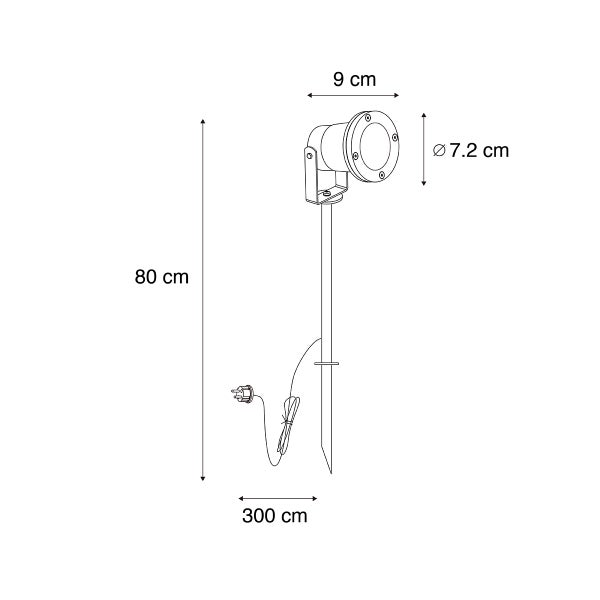 Technische Zeichnung Gartenstrahler mit Erdspieß: Höhe 80 Zentimeter, Durchmesser 7,2 Zentimeter, Tiefe 9 Zentimeter, Kabellänge 300 Zentimeter.