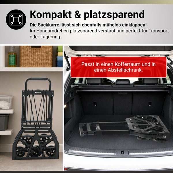 Proregal Logo. Klappbare Sackkarre platzsparend verstaut in einem Schrank und flach zusammengefaltet in einem Kofferraum.