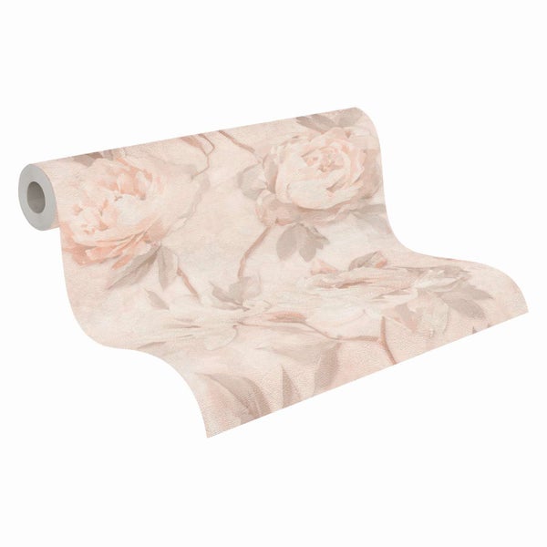 Eine Vliestapete mit floralem Blumenmuster auf einer Rolle.