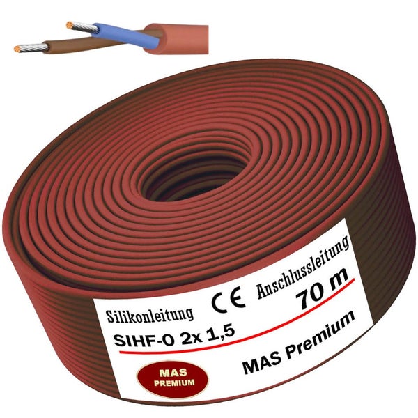 Silikonleitung SIHF-O 2x1.5 Quadratmillimeter als Anschlussleitung auf einer 70 Meter Rolle inklusive MAS Premium Logo.