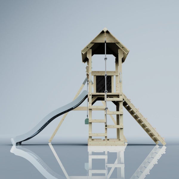 Spielturm mit Rutsche, Kletterwand und Leiter