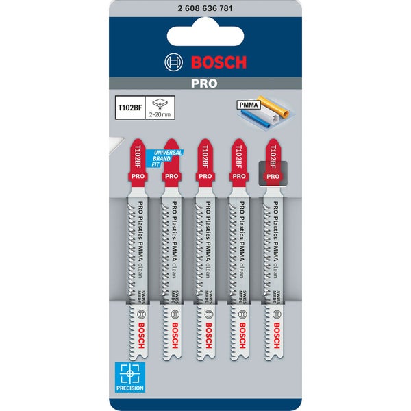 Bosch Stichsägeblätter für Kunststoffe, PMMA, saubere Schnitte, T102BF, Pro, 5 Stück
