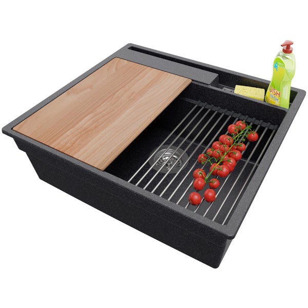 PRIMAGRAN Spülbecken Anthrazit 58x53cm, Granitspüle 1 Becken + Ablauf-Set + Küchenzubehörset, Küchenspüle ab 60er Unterschrank - Oslo Pocket