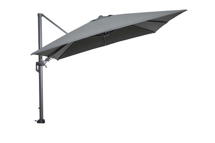 Dunkelgrauer Ampelschirm mit seitlichem Mast und quadratischem Schirmdach aus Stoff.