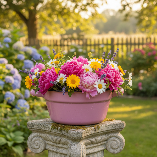 Blumenarrangement in einer rosa Schale auf einer Steinsäule im sonnigen Garten mit Pfingstrosen, Margeriten und Lavendel.