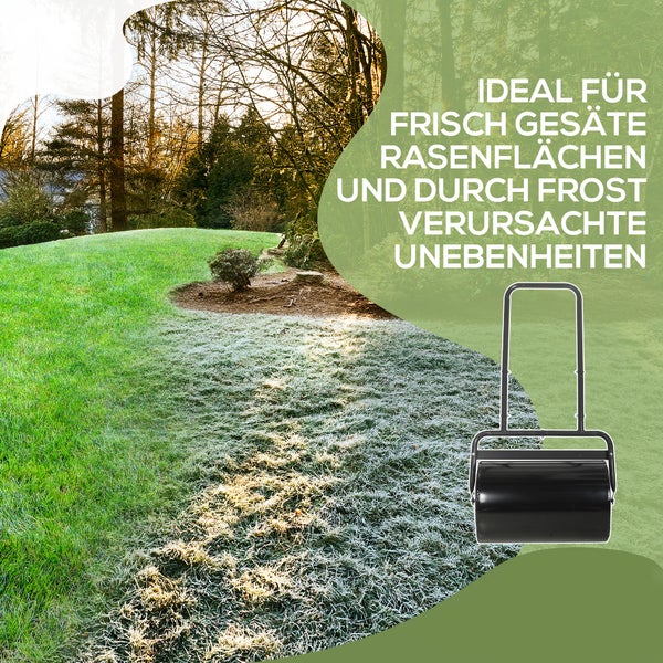 Rasenwalze aus Metall vor einem Garten mit Rasen und Frost. Text beschreibt Eignung für frisch gesäten Rasen und Frostunebenheiten.