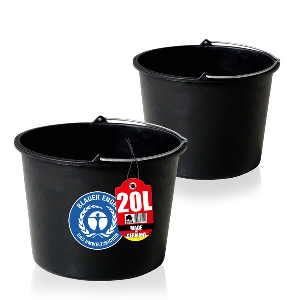 BigDean 2x Baueimer 20l - Mörteleimer mit Henkel - Eimer für Baustelle & Garten - Stabiler Wasserkübel, Betoneimer mit Skala, Blauer Engel, Made in Germany
