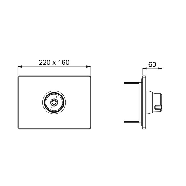 Maßzeichnung einer Betätigungsplatte mit den Maßen 220 mal 160 Millimeter und einer Tiefe von 60 Millimeter.