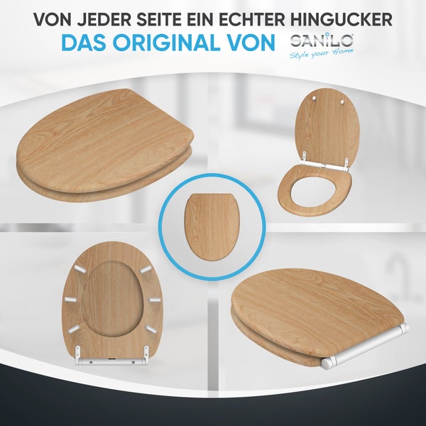 WC-Sitz in Holzoptik aus verschiedenen Perspektiven mit Sanilo Logo.