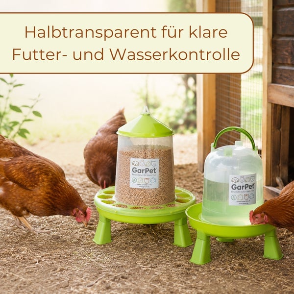 GarPet Futterautomat und Geflügeltränke aus Kunststoff im Einsatz mit Hühnern, halbtransparente Behälter zur Füllstandskontrolle.