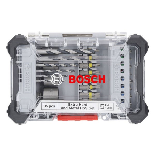 Bosch Logo. 35-teiliges Extra Hart und Metall HSS Set in einer transparenten Aufbewahrungsbox.