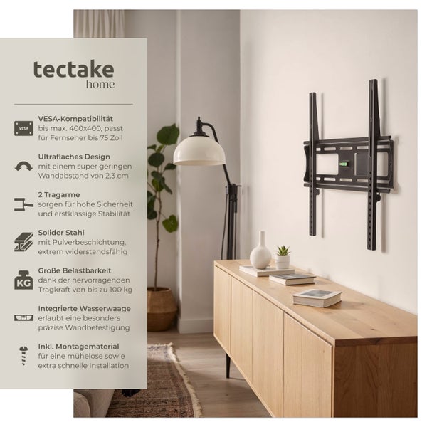 Schwarze Fernsehhalterung von tectake an einer Wand über einem Holzschrank