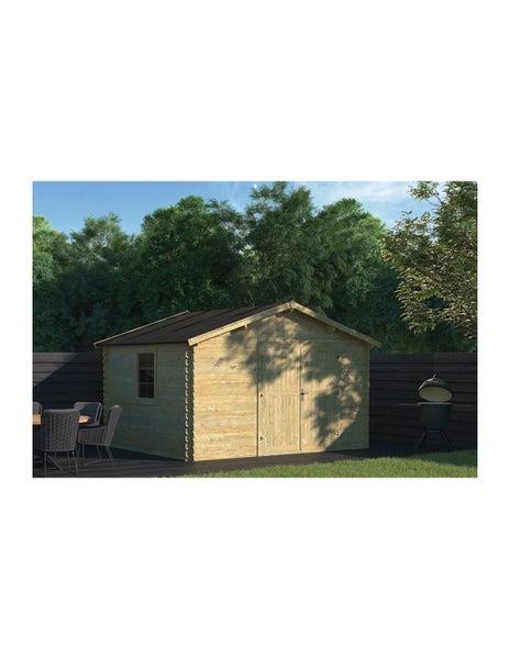 Gartenhaus aus Holz mit Satteldach und Doppeltür in einem Garten mit Zaun, Sitzgruppe und Grill.